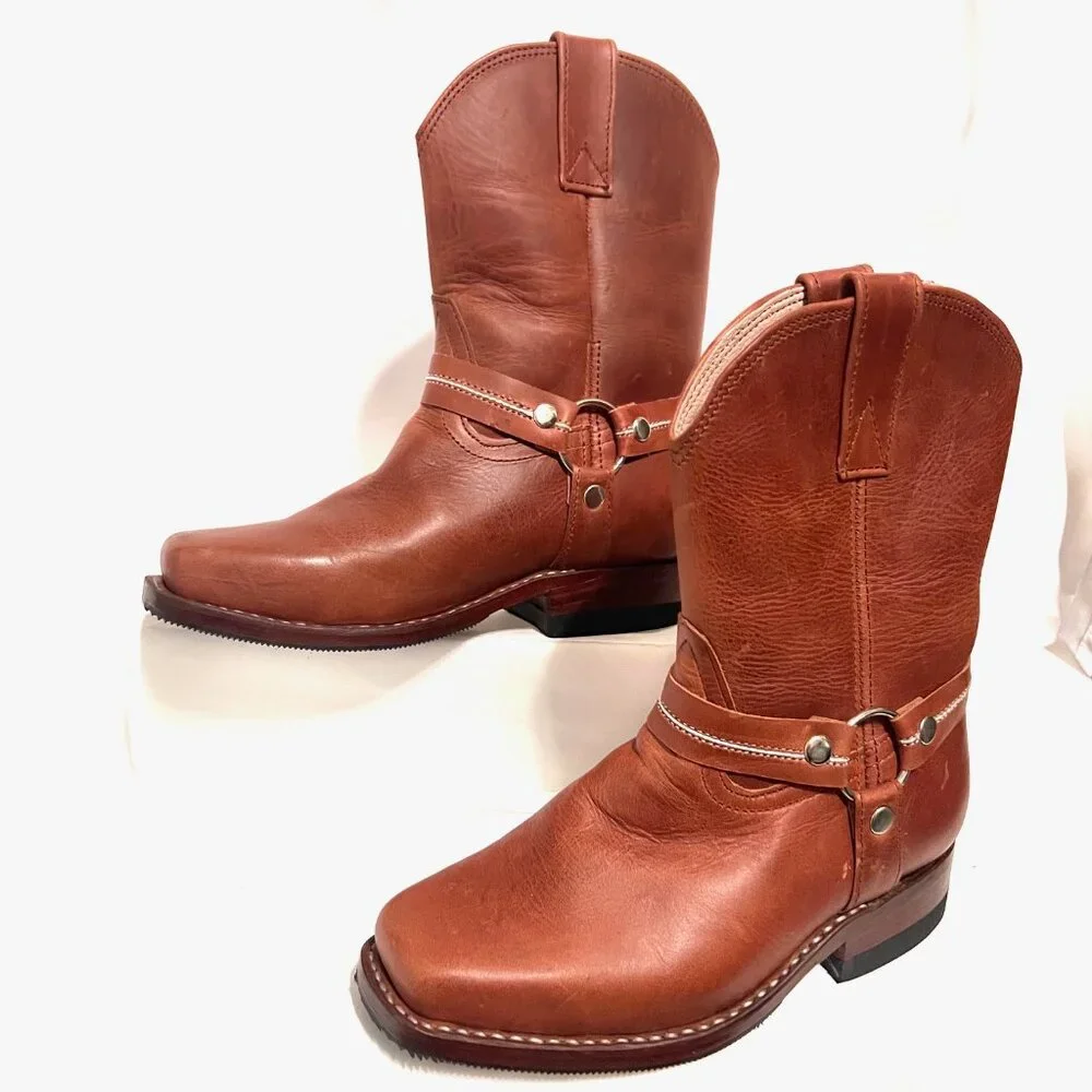 Kids Tan Leather Western Boots - Classic Pull-On Style